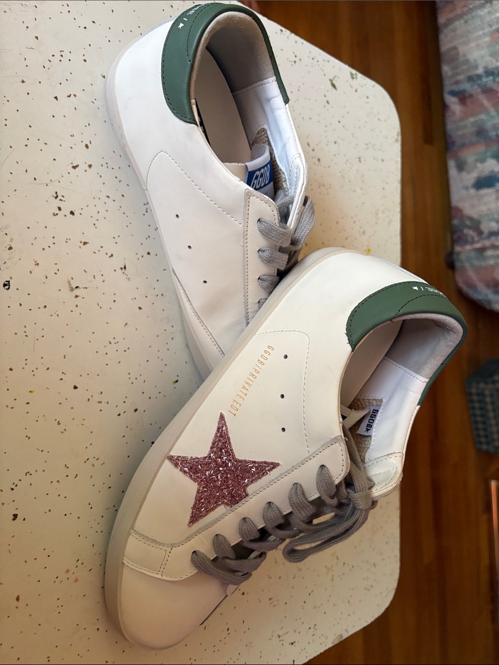 Golden Goose White Sneakers with Pink Glitter Star and Green Heel
